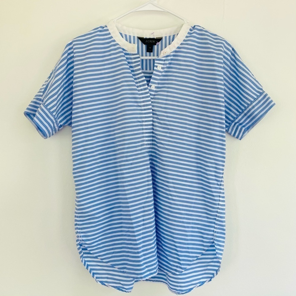 J. Crew Blue & White Striped Nautical Blouse | Short Sleeve V-Neck Top